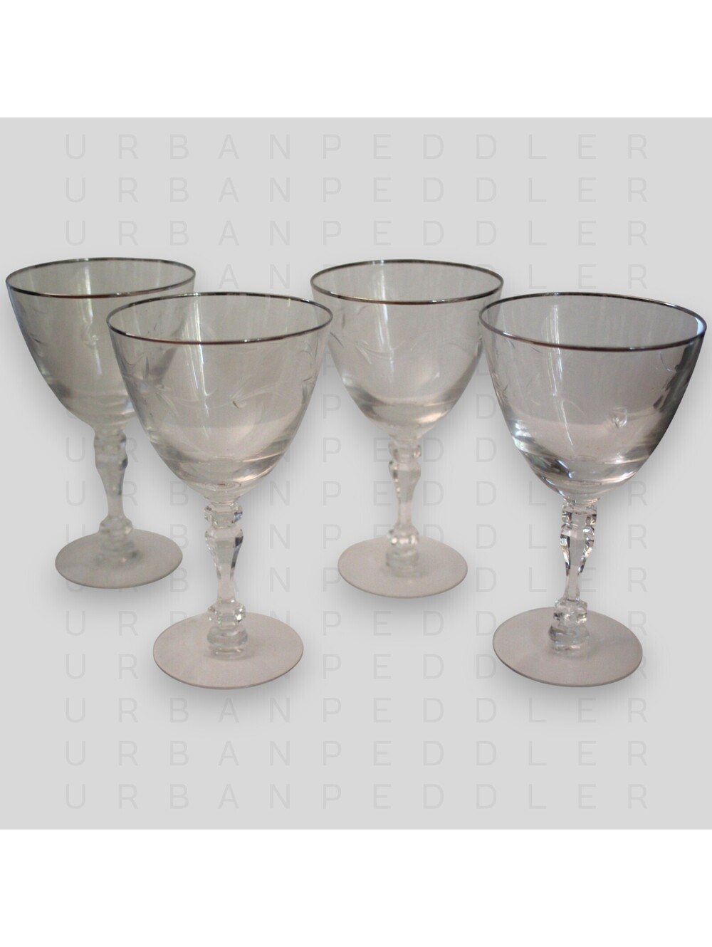 TIFFIN-FRANCISCAN Carillon Set/4 Water Glass Goblet*Crystal*Platinum*Vine*VTG